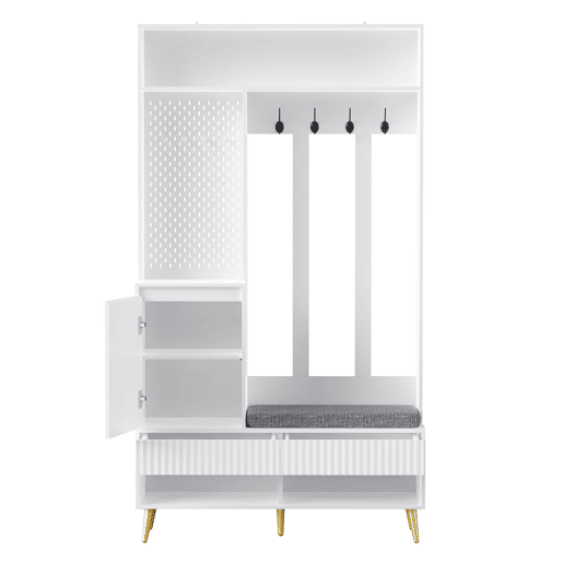 Conjunto de armário de parede 100x35x180 cm - 4 ganchos, 2 gavetas, 1 porta, banco, branco