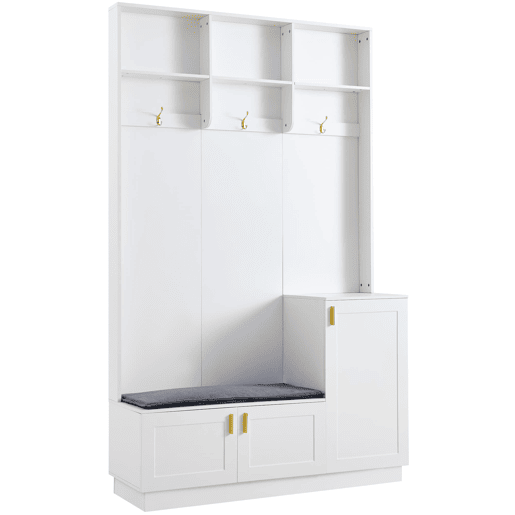 Conjunto de roupeiro com banco e sapateira 200x120x40 cm - 3 ganchos para pendurar e arrumação aberta - Branco