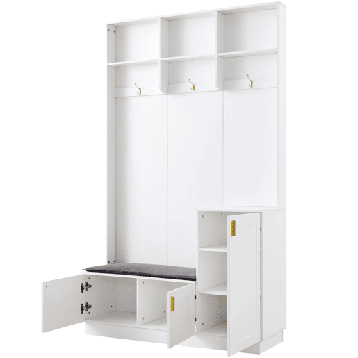 Conjunto de roupeiro com banco e sapateira 200x120x40 cm - 3 ganchos para pendurar e arrumação aberta - Branco