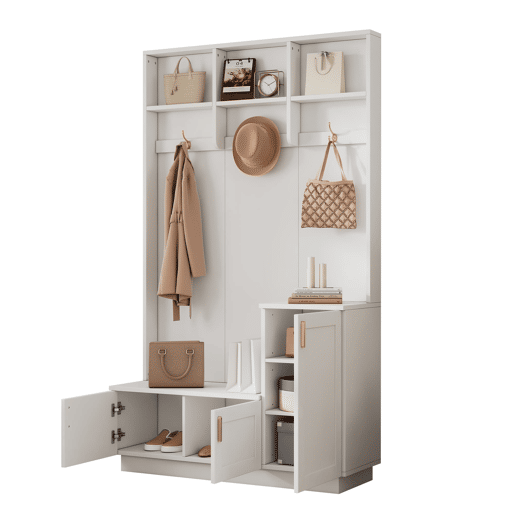 Conjunto de roupeiro com banco e sapateira 200x120x40 cm - 3 ganchos para pendurar e arrumação aberta - Branco