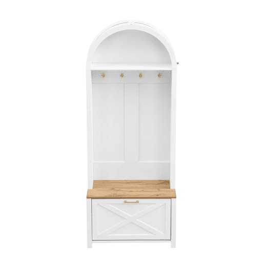 Móvel multifuncional para hall de entrada 75 L x 35 P x 195 A - Prateleira para sapatos, ganchos, design moderno - Branco, Madeira