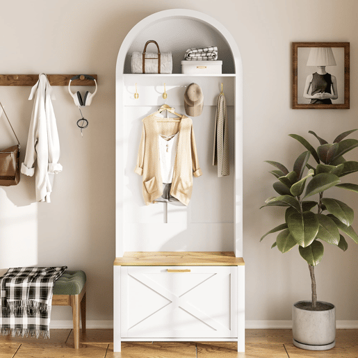 Móvel multifuncional para hall de entrada 75 L x 35 P x 195 A - Prateleira para sapatos, ganchos, design moderno - Branco, Madeira