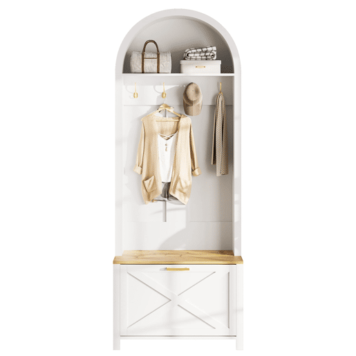 Móvel multifuncional para hall de entrada 75 L x 35 P x 195 A - Prateleira para sapatos, ganchos, design moderno - Branco, Madeira