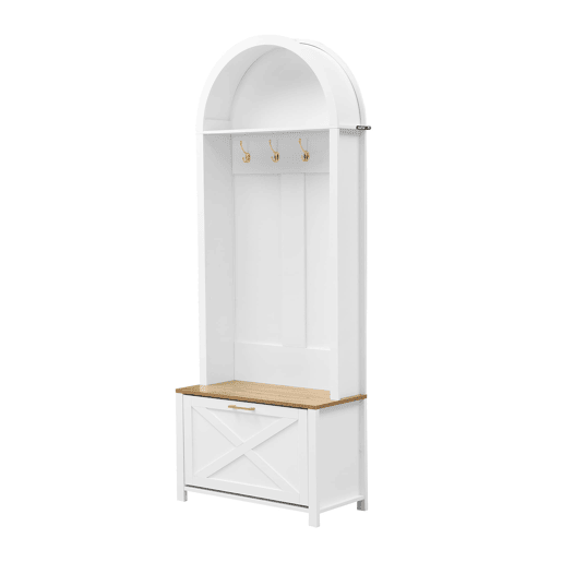 Móvel multifuncional para hall de entrada 75 L x 35 P x 195 A - Prateleira para sapatos, ganchos, design moderno - Branco, Madeira
