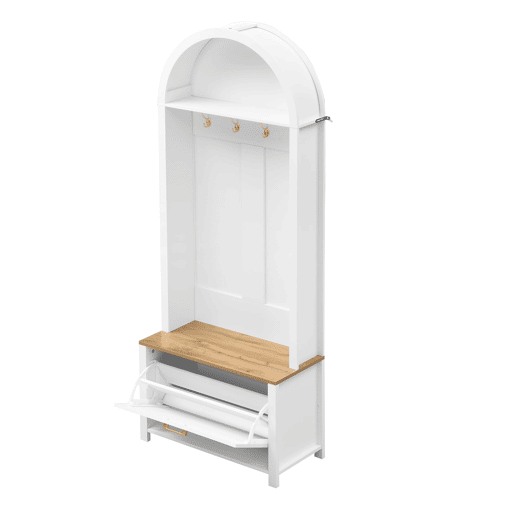 Móvel multifuncional para hall de entrada 75 L x 35 P x 195 A - Prateleira para sapatos, ganchos, design moderno - Branco, Madeira