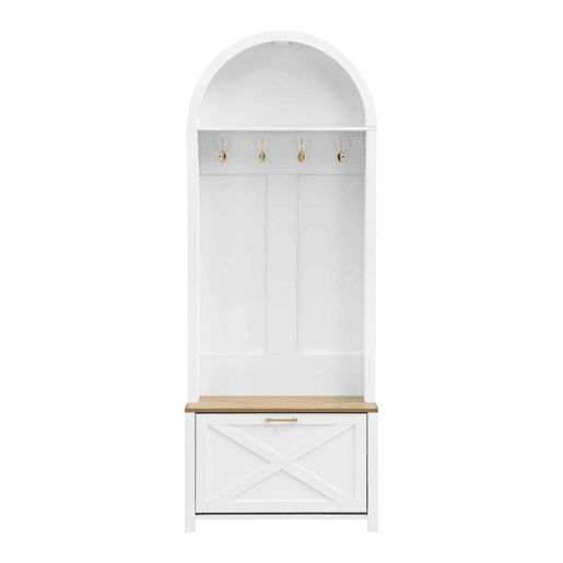 Móvel multifuncional para hall de entrada 75 L x 35 P x 195 A - Prateleira para sapatos, ganchos, design moderno - Branco, Madeira