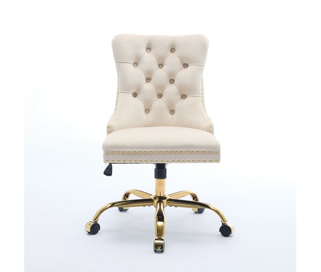 Silla de oficina - ajustable, tapizada en terciopelo con botones, base metálica dorada - beige