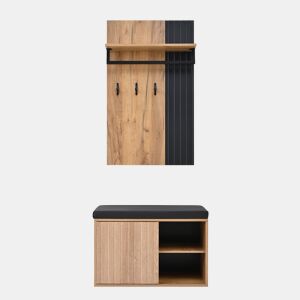 Móvel de entrada 70x36x146 cm - 2 portas, com 3 ganchos - Preto e natural