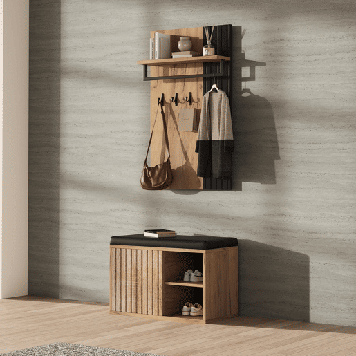 Móvel de entrada 70x36x146 cm - 2 portas, com 3 ganchos - Preto e natural