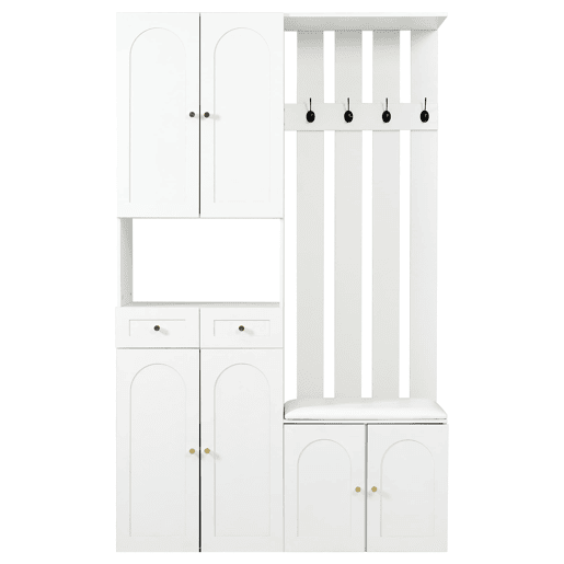 Conjunto de móveis para corredor 110x180x37 cm - Com sapateira, banco e 4 ganchos - Branco