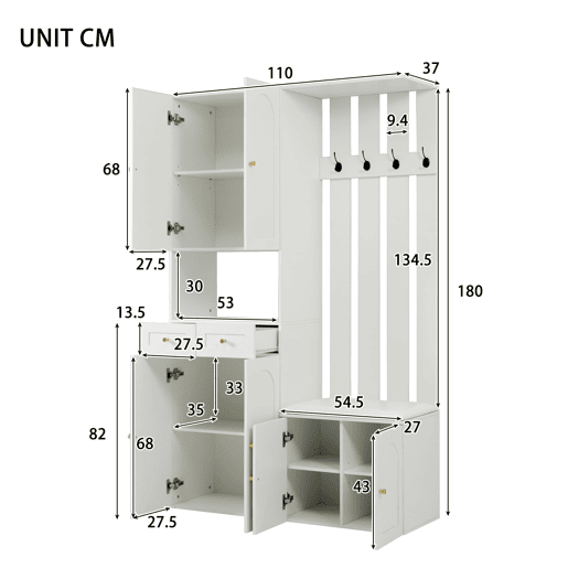 Conjunto de móveis para corredor 110x180x37 cm - Com sapateira, banco e 4 ganchos - Branco