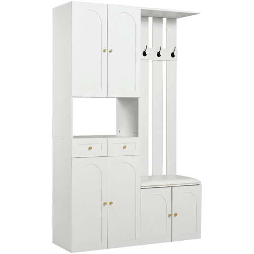 Conjunto de móveis para corredor 110x180x37 cm - Com sapateira, banco e 4 ganchos - Branco