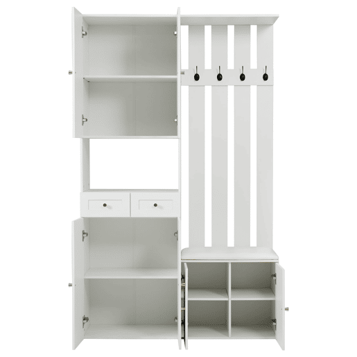 Conjunto de móveis para corredor 110x180x37 cm - Com sapateira, banco e 4 ganchos - Branco