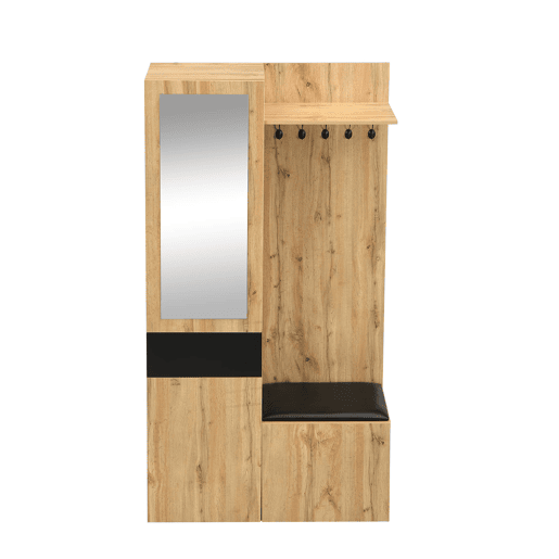 Conjunto de guarda-roupa com 5 ganchos - Espelho, sapateira, armário embutido, prateleiras, gavetas, banco para corredor - Preto + Natural