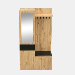 Conjunto de guarda-roupa com 5 ganchos - Espelho, sapateira, armário embutido, prateleiras, gavetas, banco para corredor - Preto + Natural