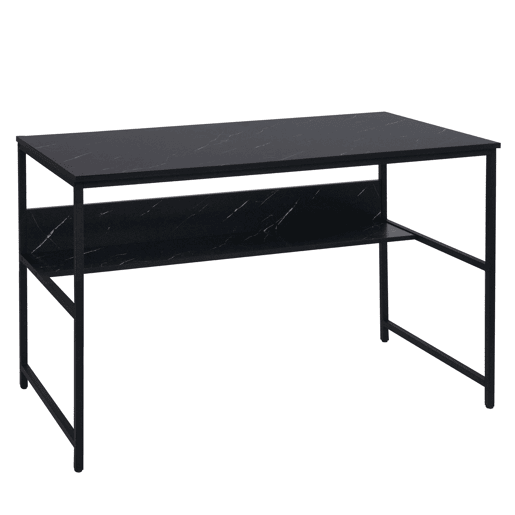 Mesa de computador com painel traseiro sob o tampo metal e MDF 120 x 60 cm efeito mármore preto 04_0006060