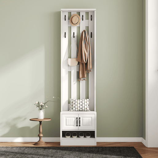 Móvel de entrada 50x36x190 cm - Com 2 portas, painel traseiro e 8 ganchos - Branco