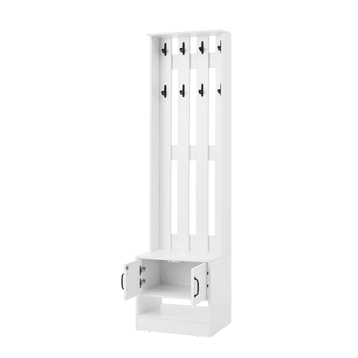 Móvel de entrada 50x36x190 cm - Com 2 portas, painel traseiro e 8 ganchos - Branco