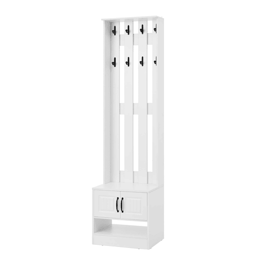 Móvel de entrada 50x36x190 cm - Com 2 portas, painel traseiro e 8 ganchos - Branco