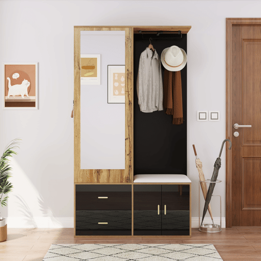 Conjunto de armário - 5 ganchos - espelho, sapateira, banco e cabides extensíveis - Preto + Natural