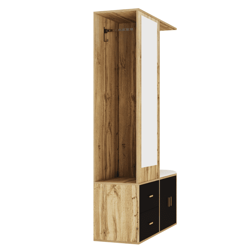 Conjunto de armário - 5 ganchos - espelho, sapateira, banco e cabides extensíveis - Preto + Natural
