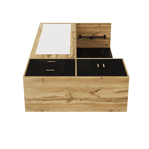 Conjunto de armário - 5 ganchos - espelho, sapateira, banco e cabides extensíveis - Preto + Natural