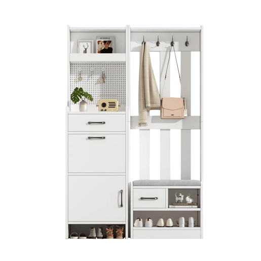 Móvel de entrada 110x35x175,5 cm - 7 em 1 com sapateira, 7 ganchos, 2 gavetas, branco Móvel de entrada 110x35x175,5 cm - 7 em 1 com sapateira, 7 ganchos, 2 gavetas, branco