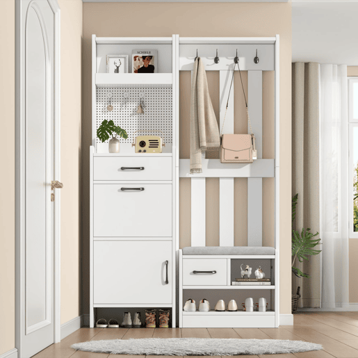 Móvel de entrada 110x35x175,5 cm - 7 em 1 com sapateira, 7 ganchos, 2 gavetas, branco Móvel de entrada 110x35x175,5 cm - 7 em 1 com sapateira, 7 ganchos, 2 gavetas, branco