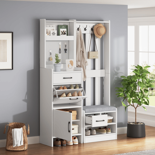 Móvel de entrada 110x35x175,5 cm - 7 em 1 com sapateira, 7 ganchos, 2 gavetas, branco Móvel de entrada 110x35x175,5 cm - 7 em 1 com sapateira, 7 ganchos, 2 gavetas, branco