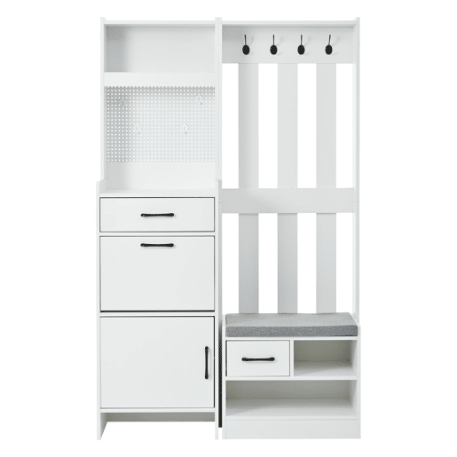 Móvel de entrada 110x35x175,5 cm - 7 em 1 com sapateira, 7 ganchos, 2 gavetas, branco Móvel de entrada 110x35x175,5 cm - 7 em 1 com sapateira, 7 ganchos, 2 gavetas, branco
