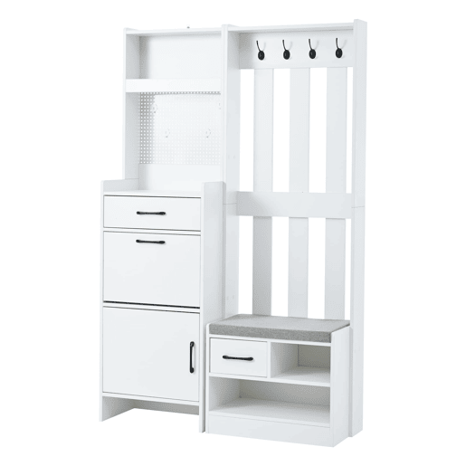 Móvel de entrada 110x35x175,5 cm - 7 em 1 com sapateira, 7 ganchos, 2 gavetas, branco Móvel de entrada 110x35x175,5 cm - 7 em 1 com sapateira, 7 ganchos, 2 gavetas, branco
