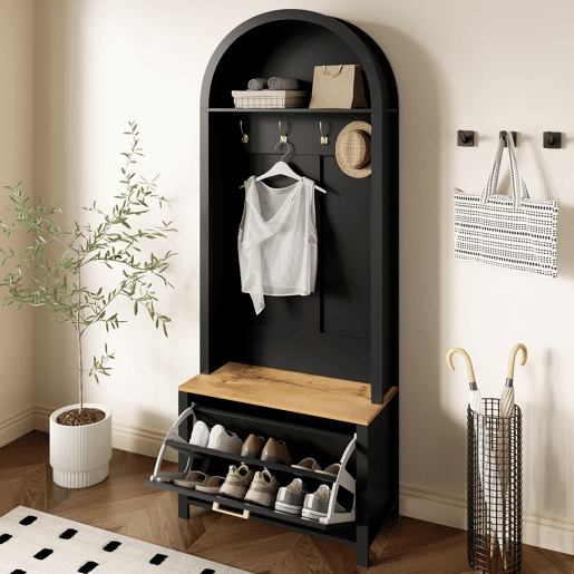 Móvel de entrada 75 L x 35 P x 195 A - Prateleira para sapatos, ganchos, design moderno - Preto, Madeira