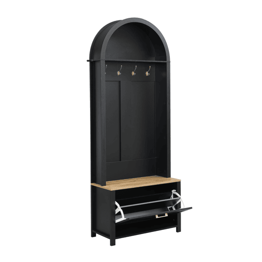 Móvel de entrada 75 L x 35 P x 195 A - Prateleira para sapatos, ganchos, design moderno - Preto, Madeira