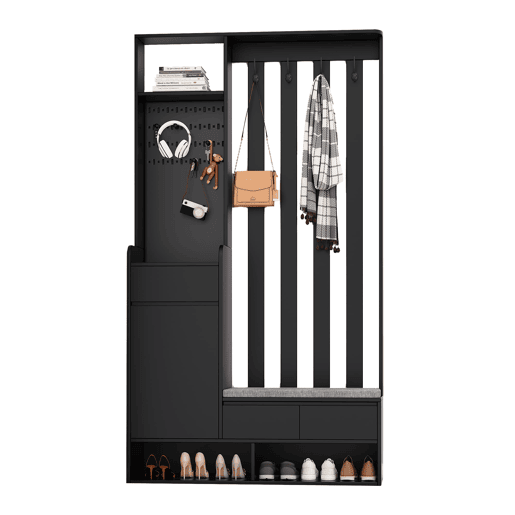Cabideiro com banco acolchoado 180x100x35 cm - sapateira multifuncional com painel perfurado e 4 ganchos - preto