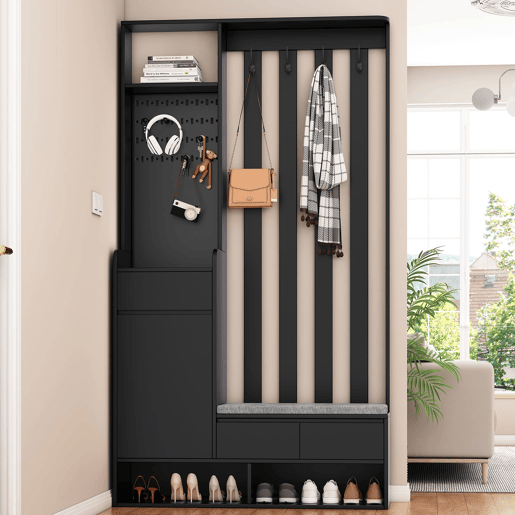 Cabideiro com banco acolchoado 180x100x35 cm - sapateira multifuncional com painel perfurado e 4 ganchos - preto