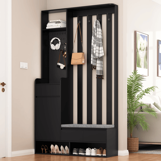 Cabideiro com banco acolchoado 180x100x35 cm - sapateira multifuncional com painel perfurado e 4 ganchos - preto