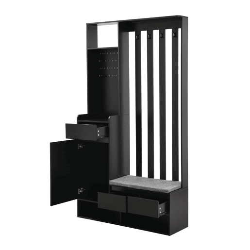 Cabideiro com banco acolchoado 180x100x35 cm - sapateira multifuncional com painel perfurado e 4 ganchos - preto