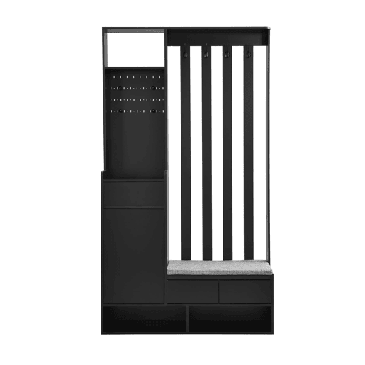 Cabideiro com banco acolchoado 180x100x35 cm - sapateira multifuncional com painel perfurado e 4 ganchos - preto