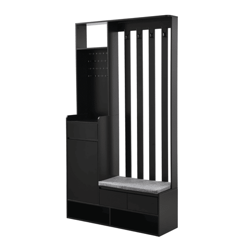 Cabideiro com banco acolchoado 180x100x35 cm - sapateira multifuncional com painel perfurado e 4 ganchos - preto