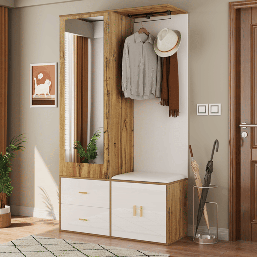Conjunto de armário - 100x38x180 cm - com espelho, sapateira, banco com ganchos e barra extensível - Branco+Natural
