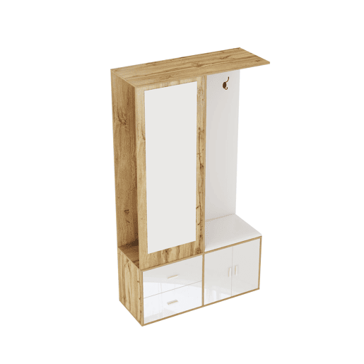 Conjunto de armário - 100x38x180 cm - com espelho, sapateira, banco com ganchos e barra extensível - Branco+Natural