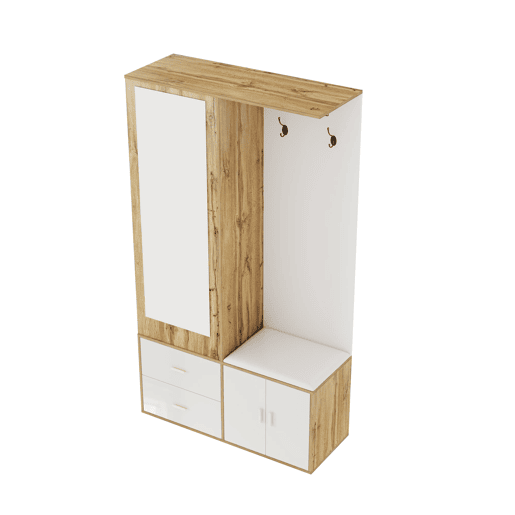 Conjunto de armário - 100x38x180 cm - com espelho, sapateira, banco com ganchos e barra extensível - Branco+Natural