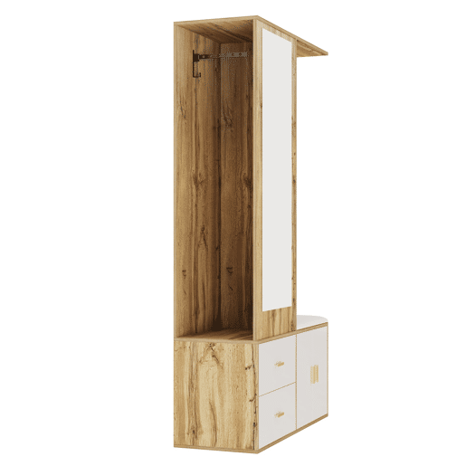 Conjunto de armário - 100x38x180 cm - com espelho, sapateira, banco com ganchos e barra extensível - Branco+Natural