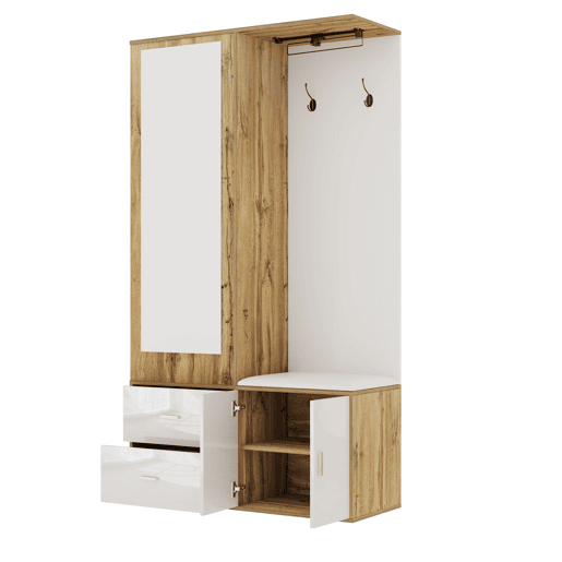 Conjunto de armário - 100x38x180 cm - com espelho, sapateira, banco com ganchos e barra extensível - Branco+Natural