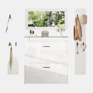 Móvel de entrada 89,5x23x96,5 cm - 4 peças com espelho, 2 prateleiras para chapéus, sapateira de alto brilho, 8 ganchos - Branco