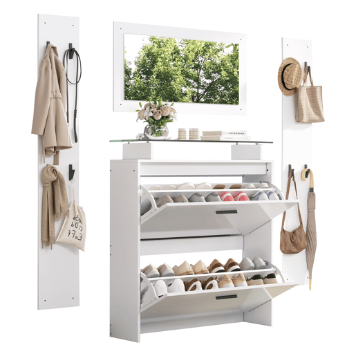 Móvel de entrada 89,5x23x96,5 cm - 4 peças com espelho, 2 prateleiras para chapéus, sapateira de alto brilho, 8 ganchos - Branco Móvel de entrada 89,5x23x96,5 cm - 4 peças com espelho, 2 prateleiras para chapéus, sapateira de alto brilho, 8 ganchos - Branco