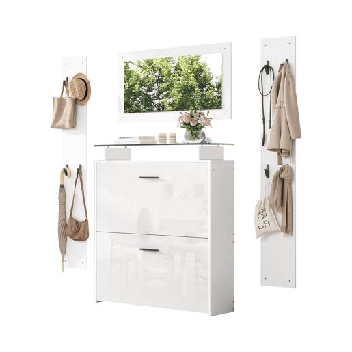 Móvel de entrada 89,5x23x96,5 cm - 4 peças com espelho, 2 prateleiras para chapéus, sapateira de alto brilho, 8 ganchos - Branco Móvel de entrada 89,5x23x96,5 cm - 4 peças com espelho, 2 prateleiras para chapéus, sapateira de alto brilho, 8 ganchos - Branco