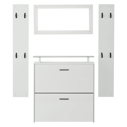Móvel de entrada 89,5x23x96,5 cm - 4 peças com espelho, 2 prateleiras para chapéus, sapateira de alto brilho, 8 ganchos - Branco Móvel de entrada 89,5x23x96,5 cm - 4 peças com espelho, 2 prateleiras para chapéus, sapateira de alto brilho, 8 ganchos - Branco