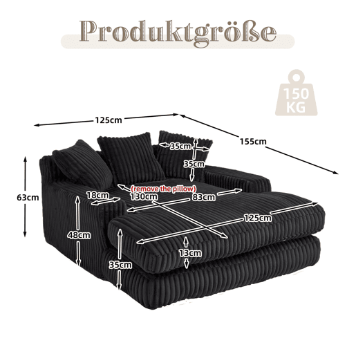 Sofá-cama individual - 3 almofadas macias, confortável para sala e escritório - Preto