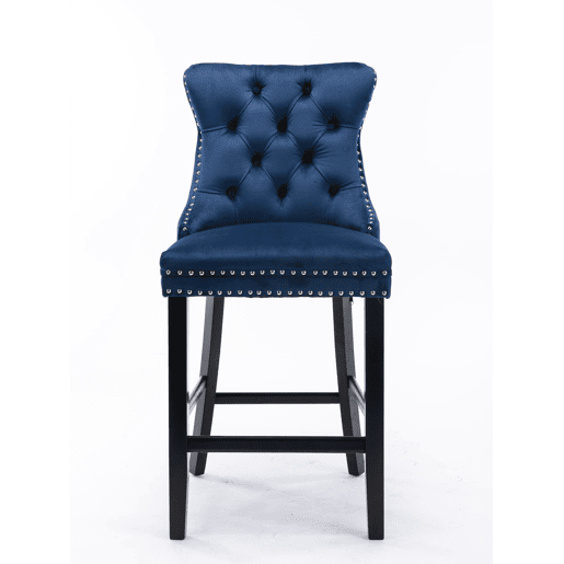 Conjunto de 2 bancos de bar - veludo capitoné, pernas de madeira - azul